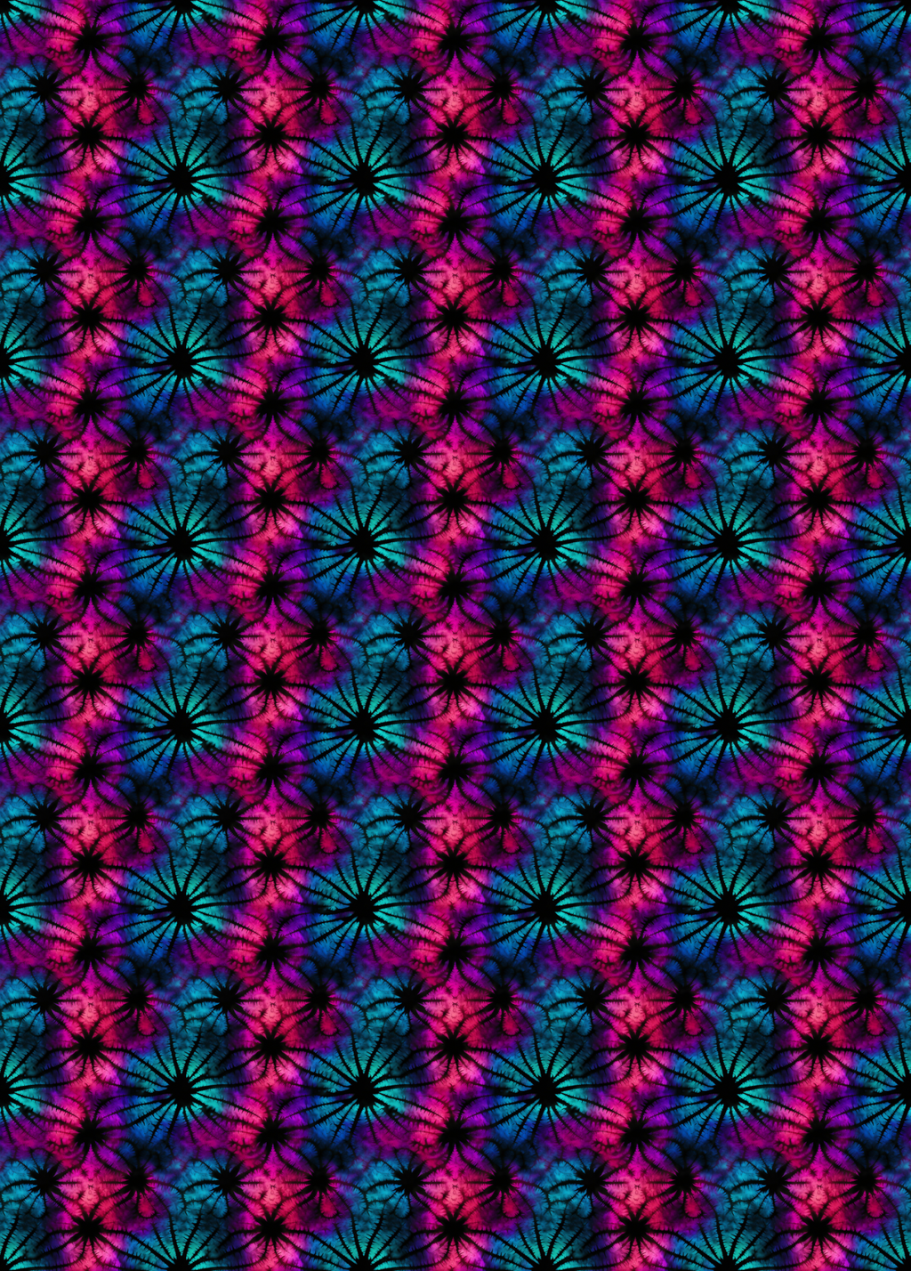 tubie tape with a seamless repeating pattern featuring stylized black starburst or dandelion-like motifs over a vibrant background of magenta, purple, and teal.