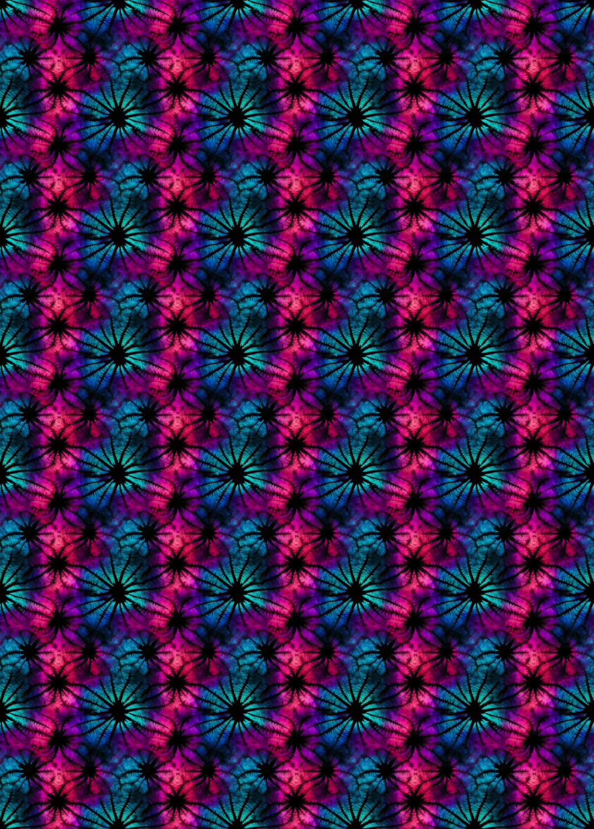 tubie tape with a seamless repeating pattern featuring stylized black starburst or dandelion-like motifs over a vibrant background of magenta, purple, and teal.