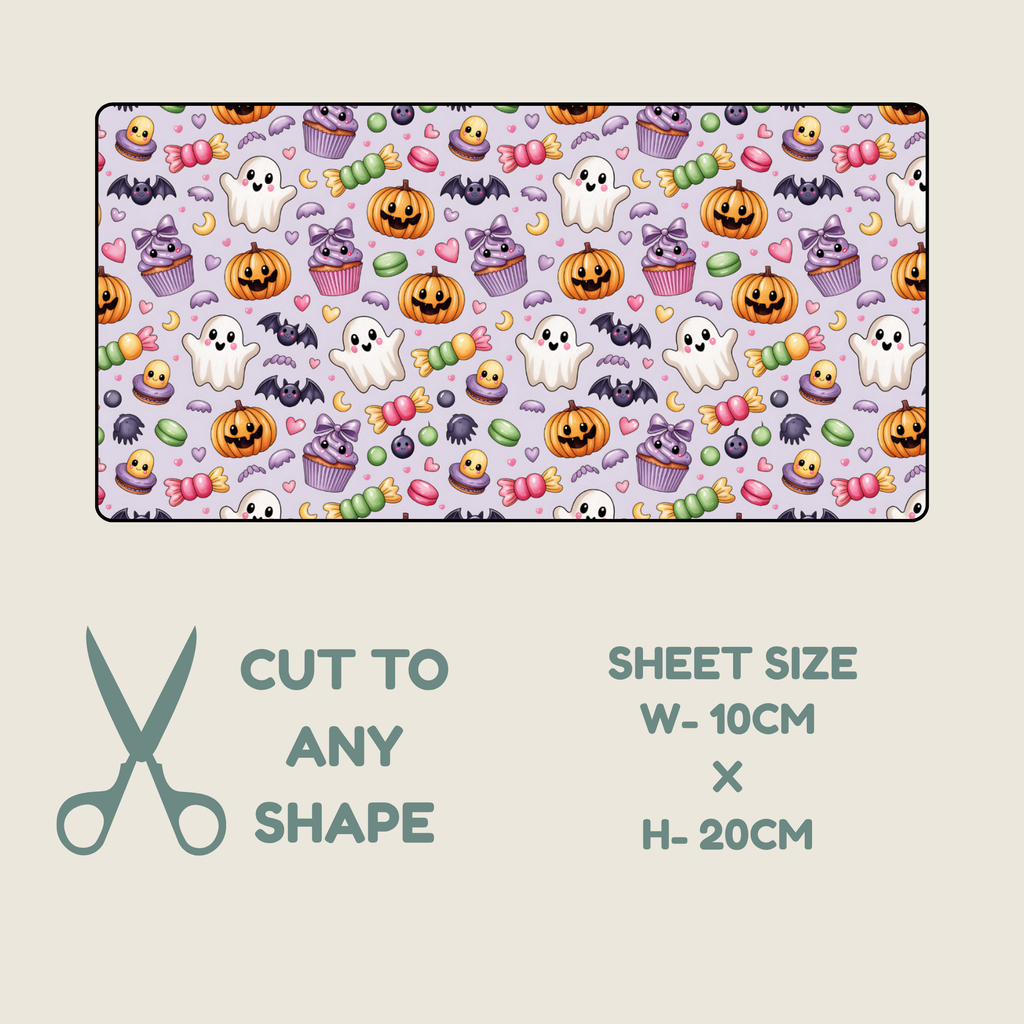 A product graphic showing a rectangular sheet of tubie tape fabric with a Halloween design, plus text stating 'CUT TO ANY SHAPE' and 'SHEET SIZE W-10CM X H-20CM' on a light beige background.