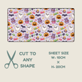 A product graphic showing a rectangular sheet of tubie tape fabric with a Halloween design, plus text stating 'CUT TO ANY SHAPE' and 'SHEET SIZE W-10CM X H-20CM' on a light beige background.
