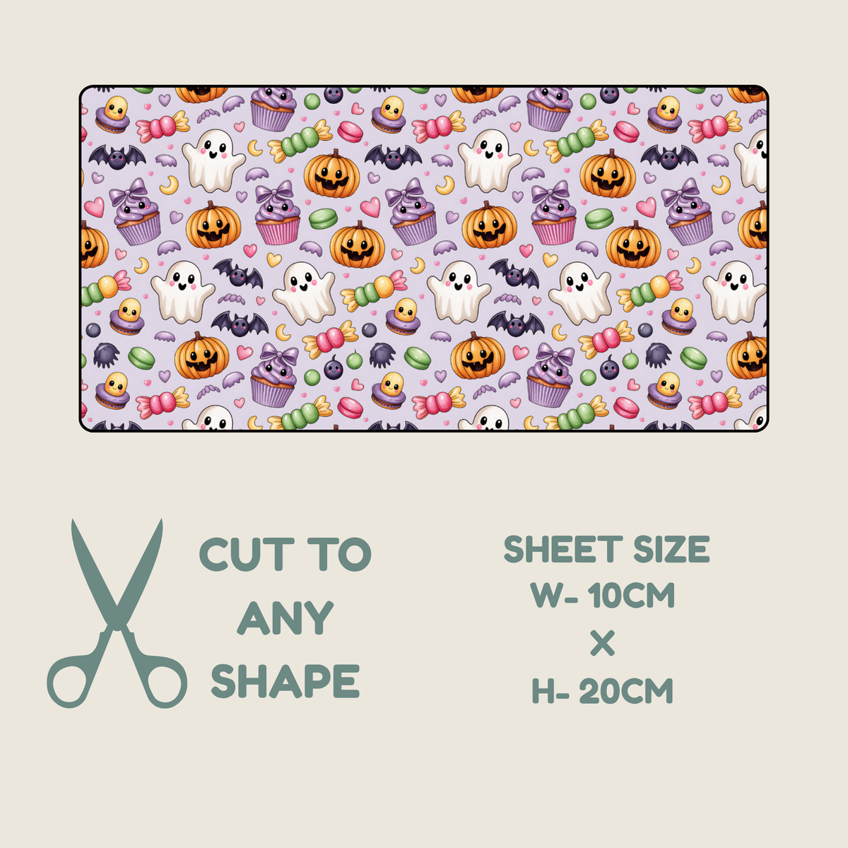 A product graphic showing a rectangular sheet of tubie tape fabric with a Halloween design, plus text stating 'CUT TO ANY SHAPE' and 'SHEET SIZE W-10CM X H-20CM' on a light beige background.