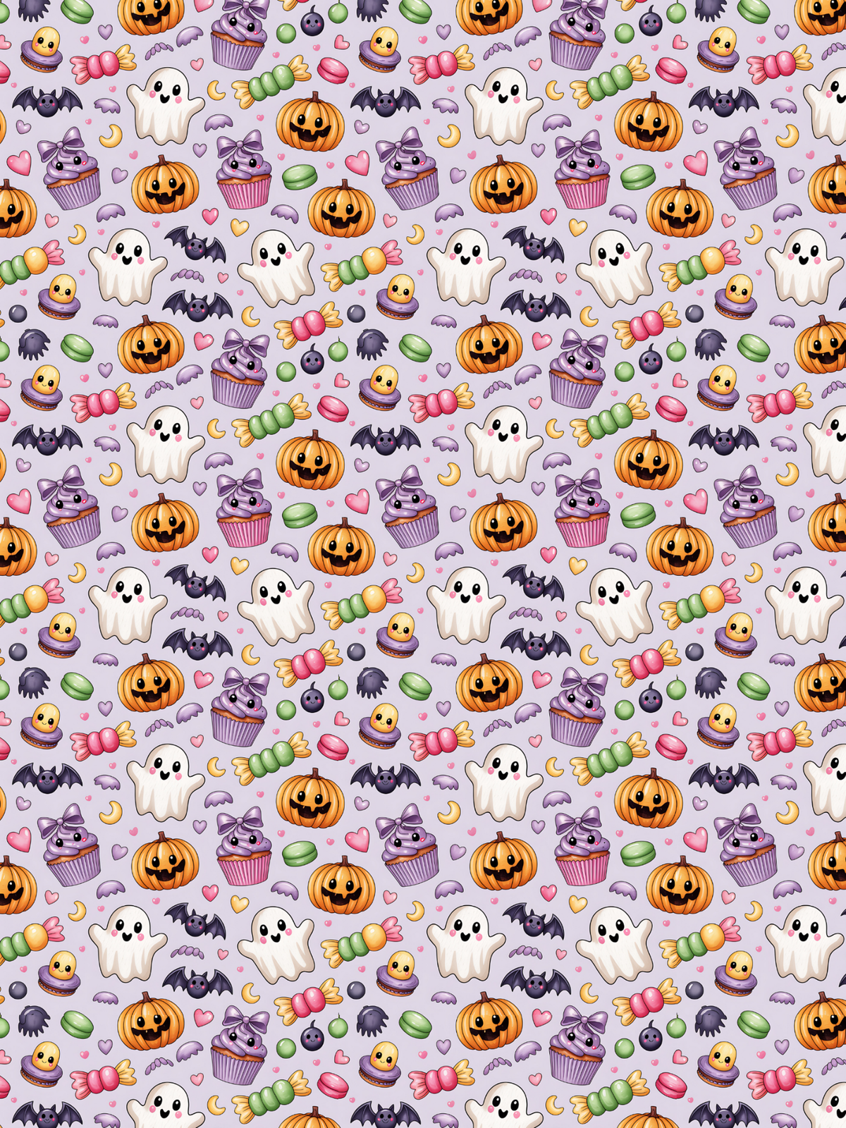 Tubie tape with a repeating Halloween-themed pattern on a light lavender background, featuring white ghosts, orange jack-o'-lanterns, purple cupcakes, black bats, pink candy corn, green and pink lollipops, and small hearts and moons.