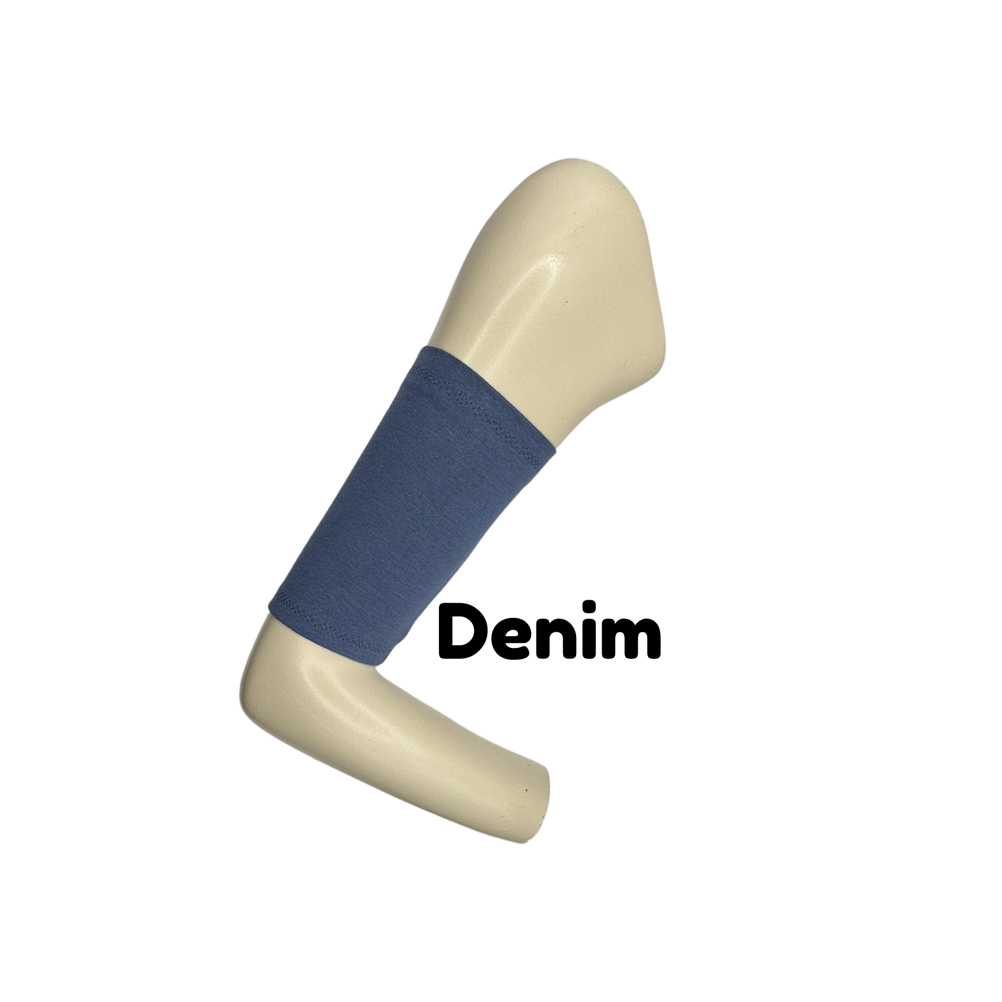 Cotton jersey armband in denim blue colour. picc line cover is displayed on a mannequin arm. the words denim blue to indicate colour