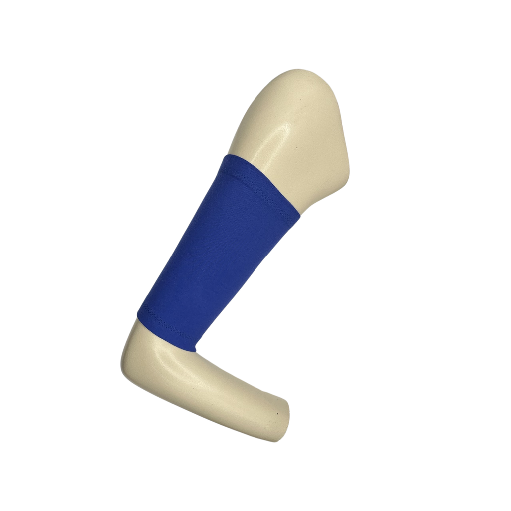 Cotton jersey armband in royal blue colour. picc line cover is displayed on a mannequin arm.