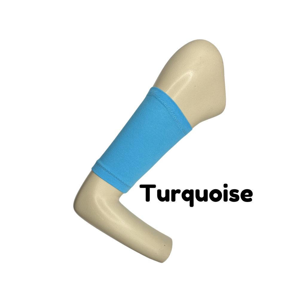 Cotton jersey armband in turquoise colour. picc line cover is displayed on a mannequin arm. the words turquoise to indicate colour