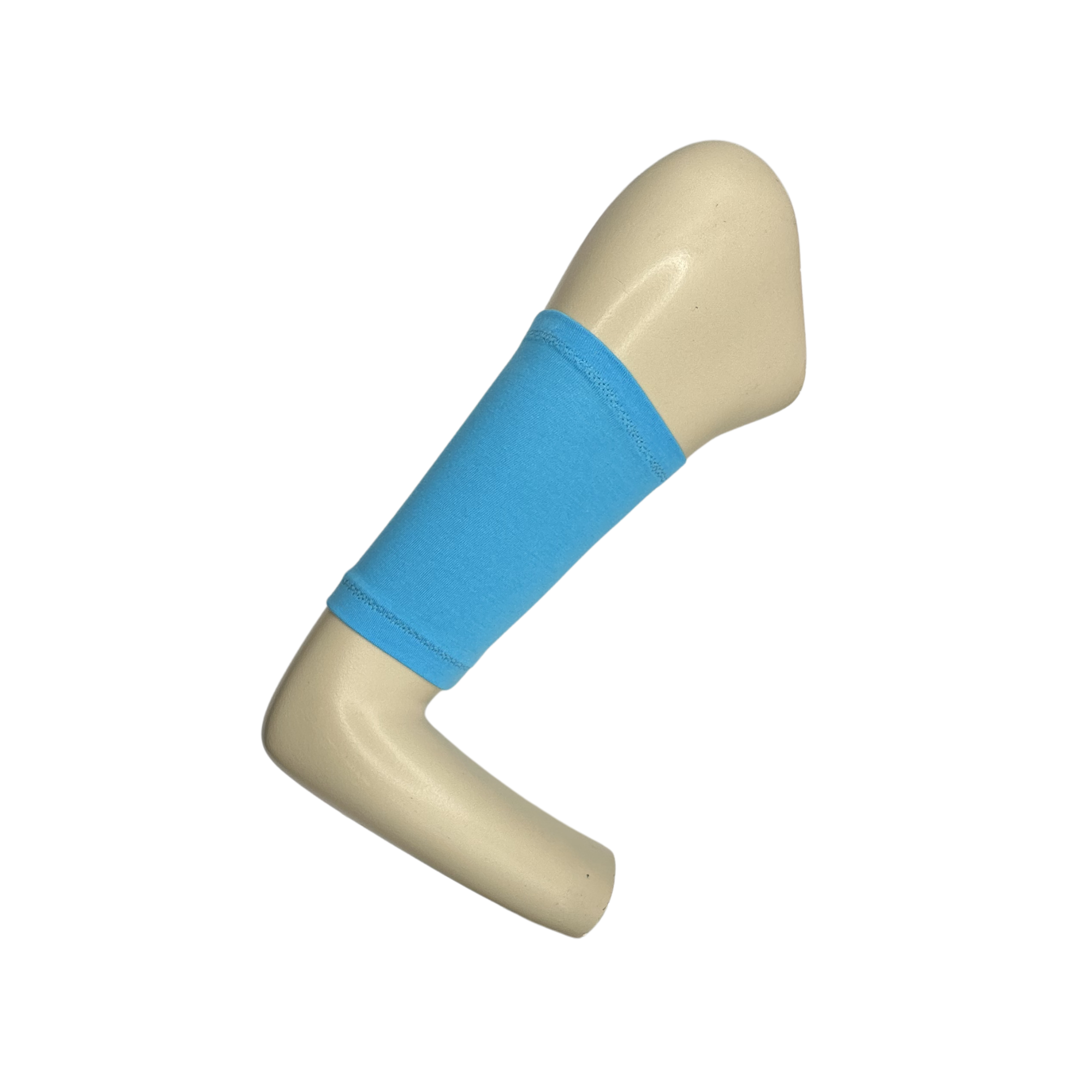 Cotton jersey armband in turquoise colour. picc line cover is displayed on a mannequin arm.