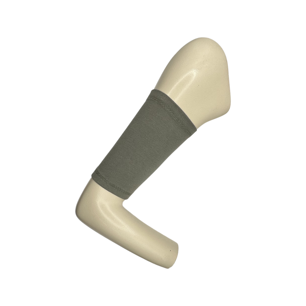 Cotton jersey armband in khaki colour. picc line cover is displayed on a mannequin arm. 