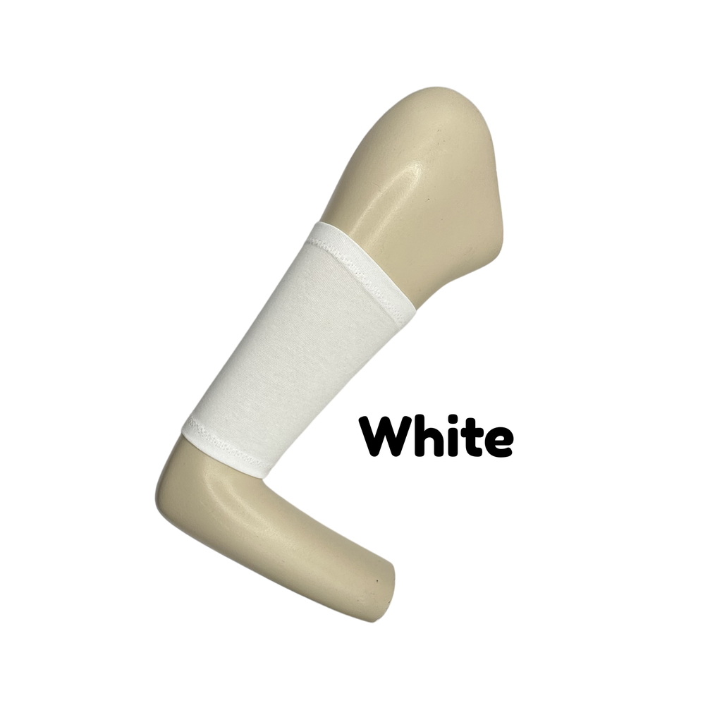 Cotton jersey armband in white colour. picc line cover is displayed on a mannequin arm. the words white to indicate colour
