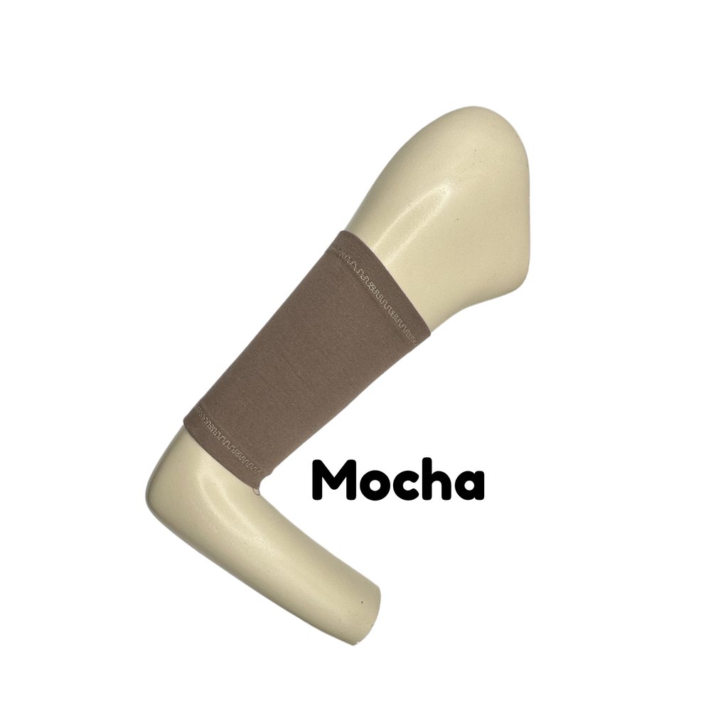 Cotton jersey armband in mocha colour. picc line cover is displayed on a mannequin arm. the words mocha to indicate colour