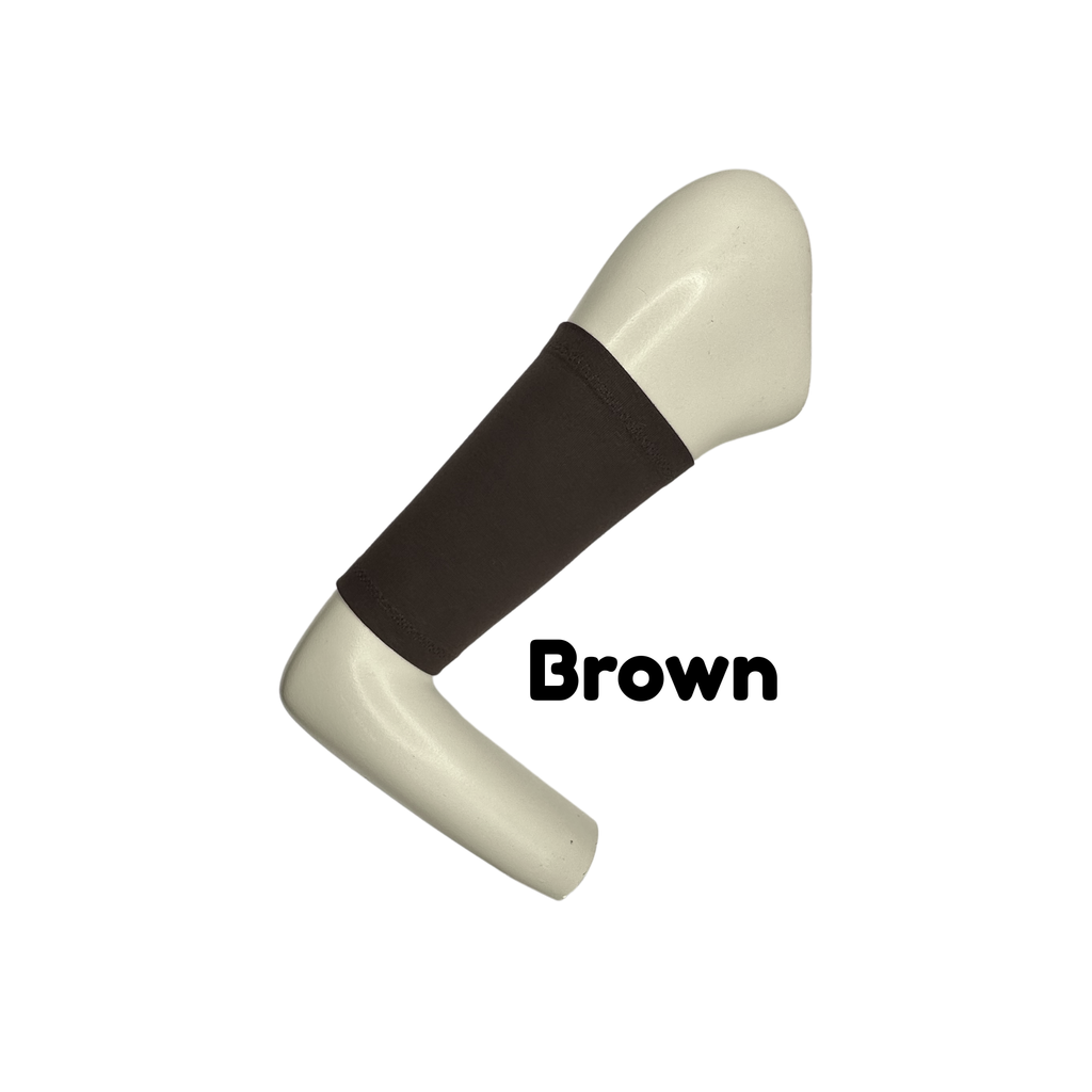 Cotton jersey armband in brown colour. picc line cover is displayed on a mannequin arm. the words brown  to indicate colour
