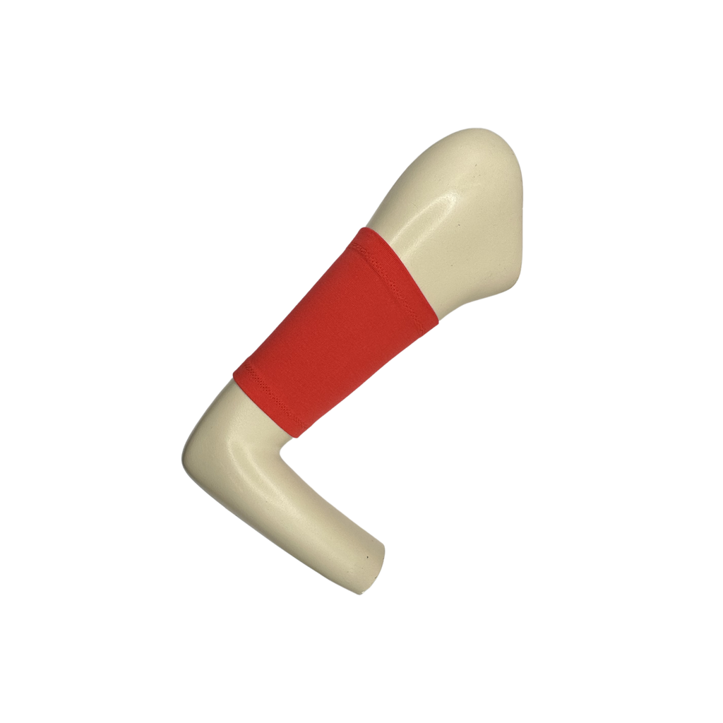 Cotton jersey armband in red colour. picc line cover is displayed on a mannequin arm.