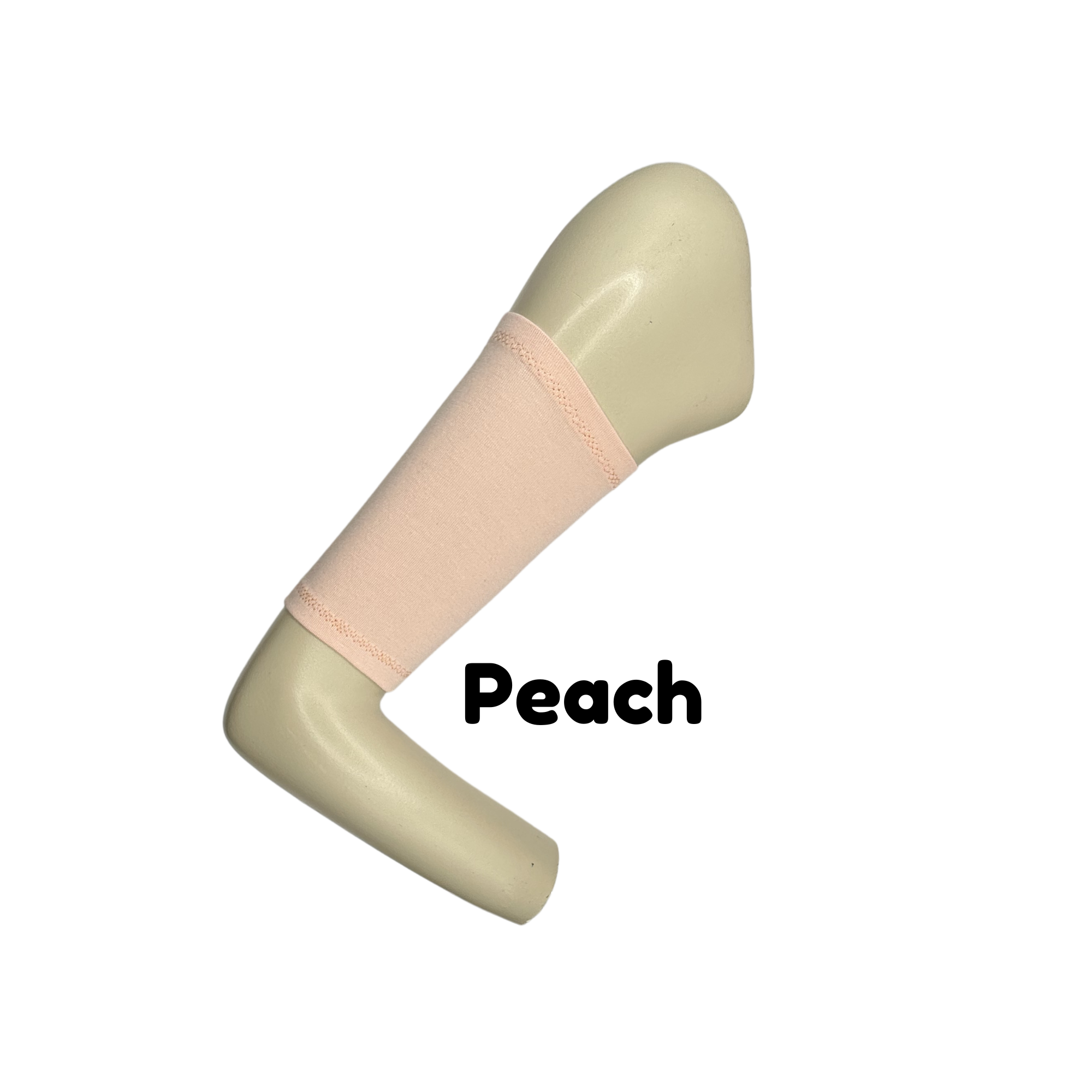 Cotton jersey armband in peach colour. picc line cover is displayed on a mannequin arm. the words peach to indicate colour