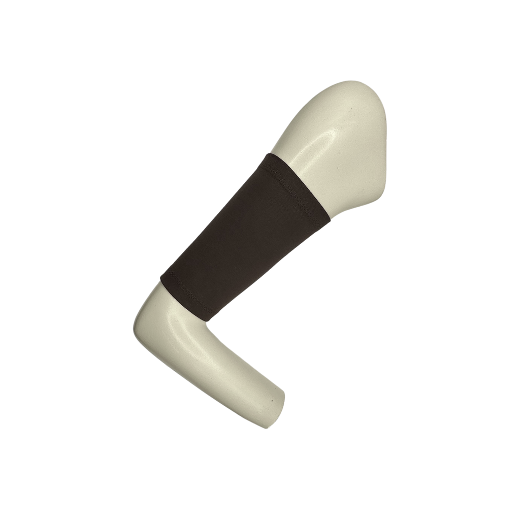 Cotton jersey armband in brown colour. picc line cover is displayed on a mannequin arm. 