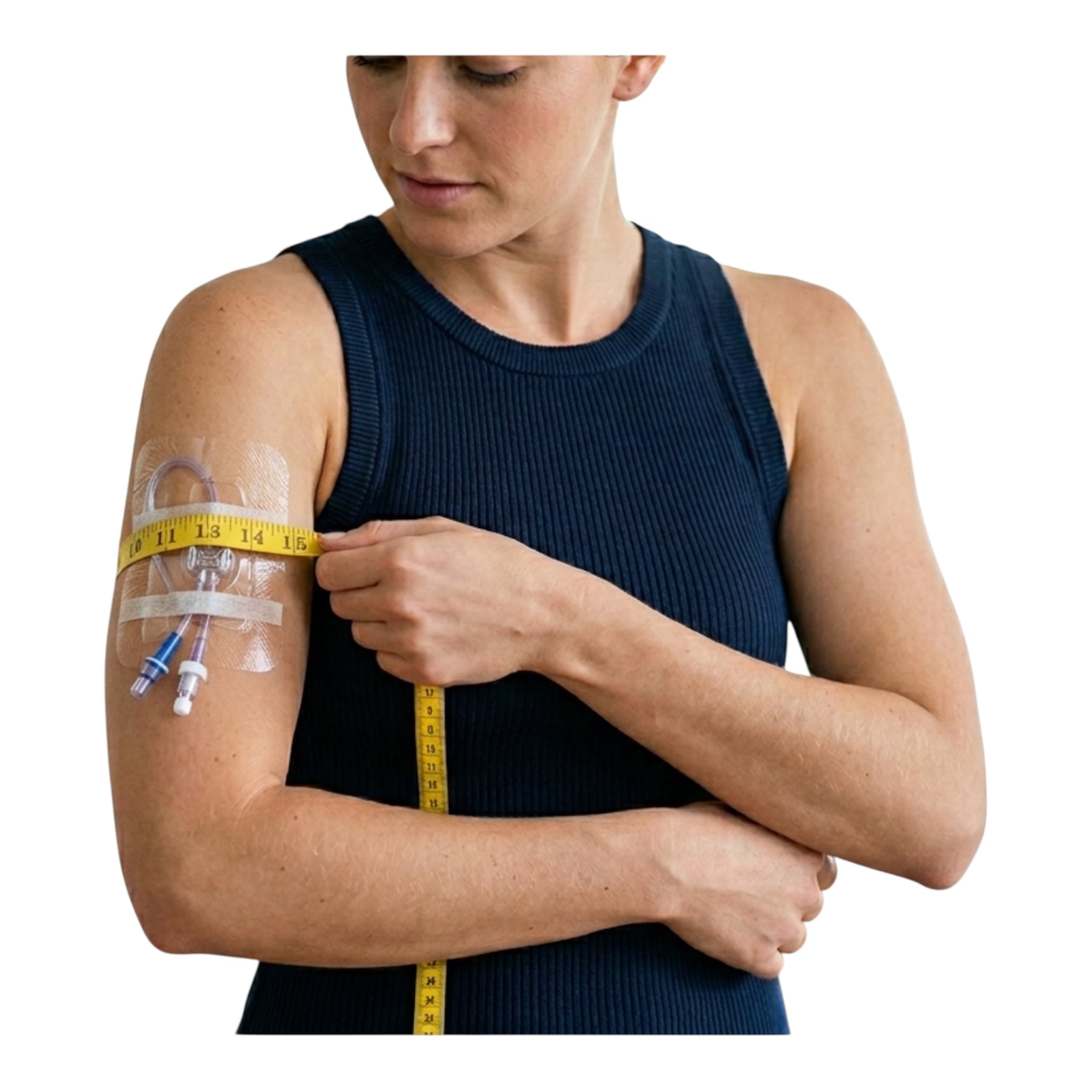 A woman measures her bicep over a PICC line and IV tubing with a yellow measuring tape.
