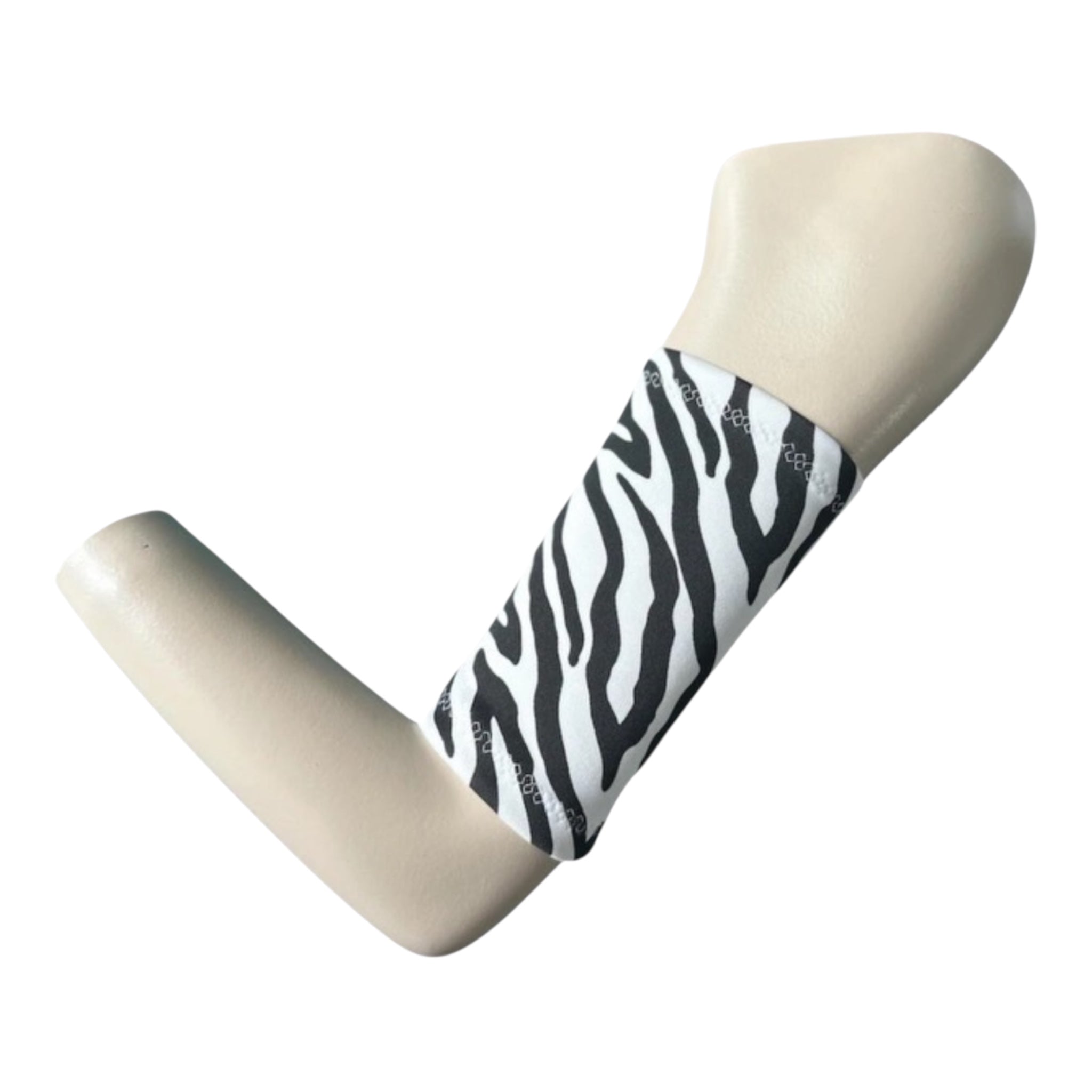 Zebra patterned Picc Line Cover arm sleeve on a mannequin arm against a white background