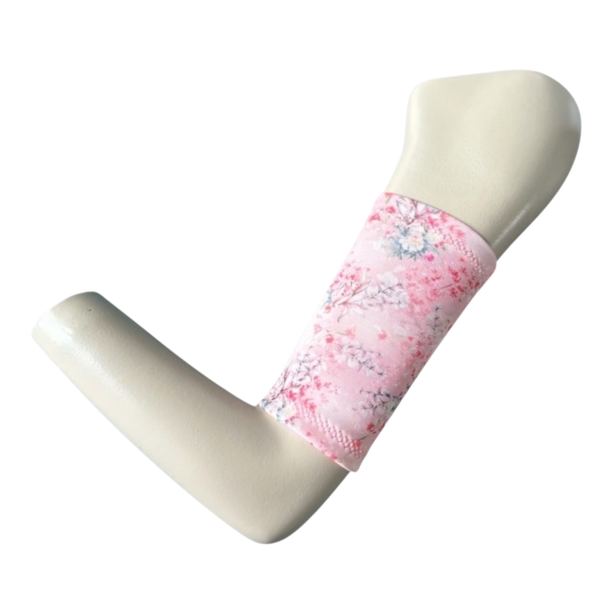 Pink cherry blossom themed printed picc line cover. Armband is displayed on a mannequin arm