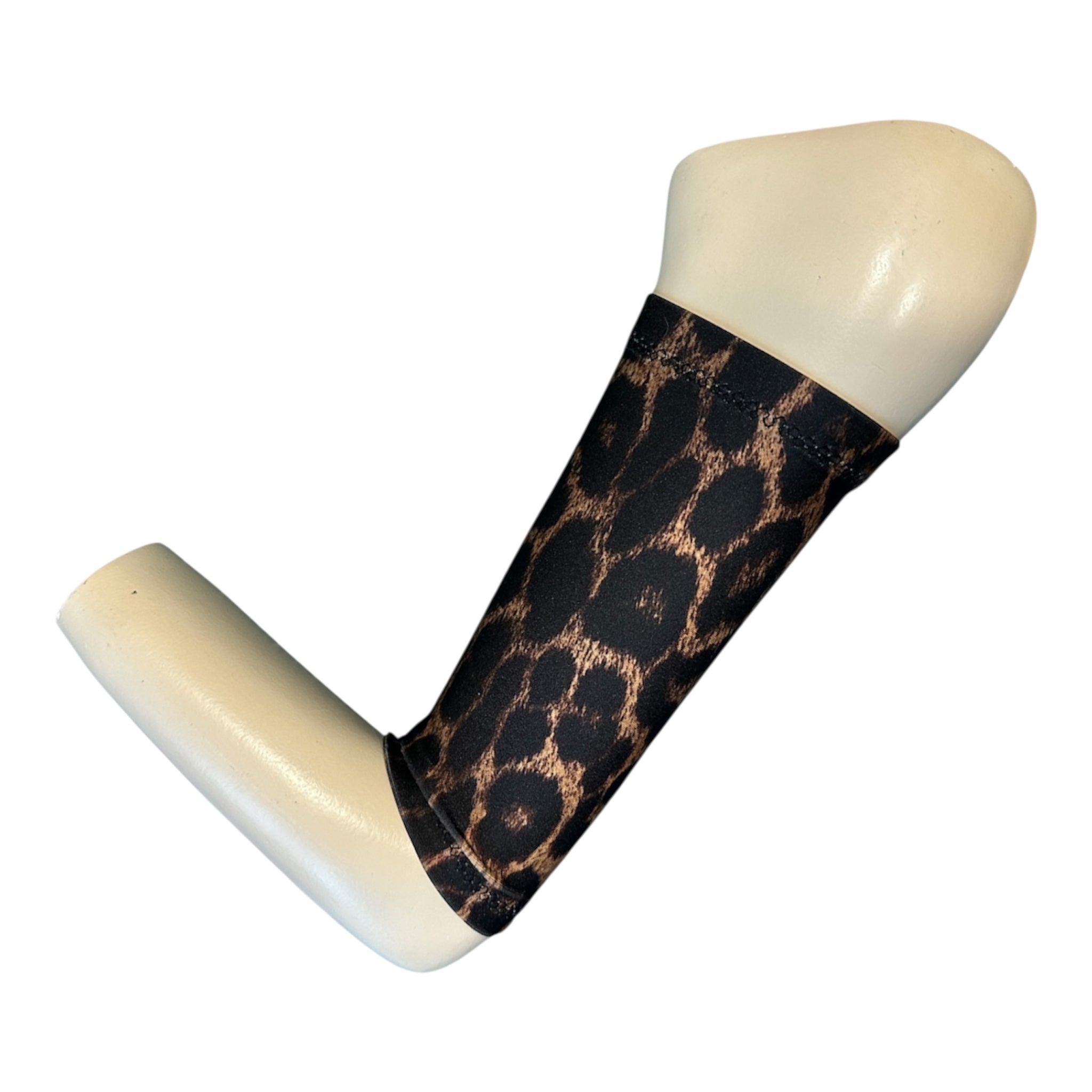 A brown Leopard print picc line cover. The arband sleeve is displayed on a mannequinn arm.