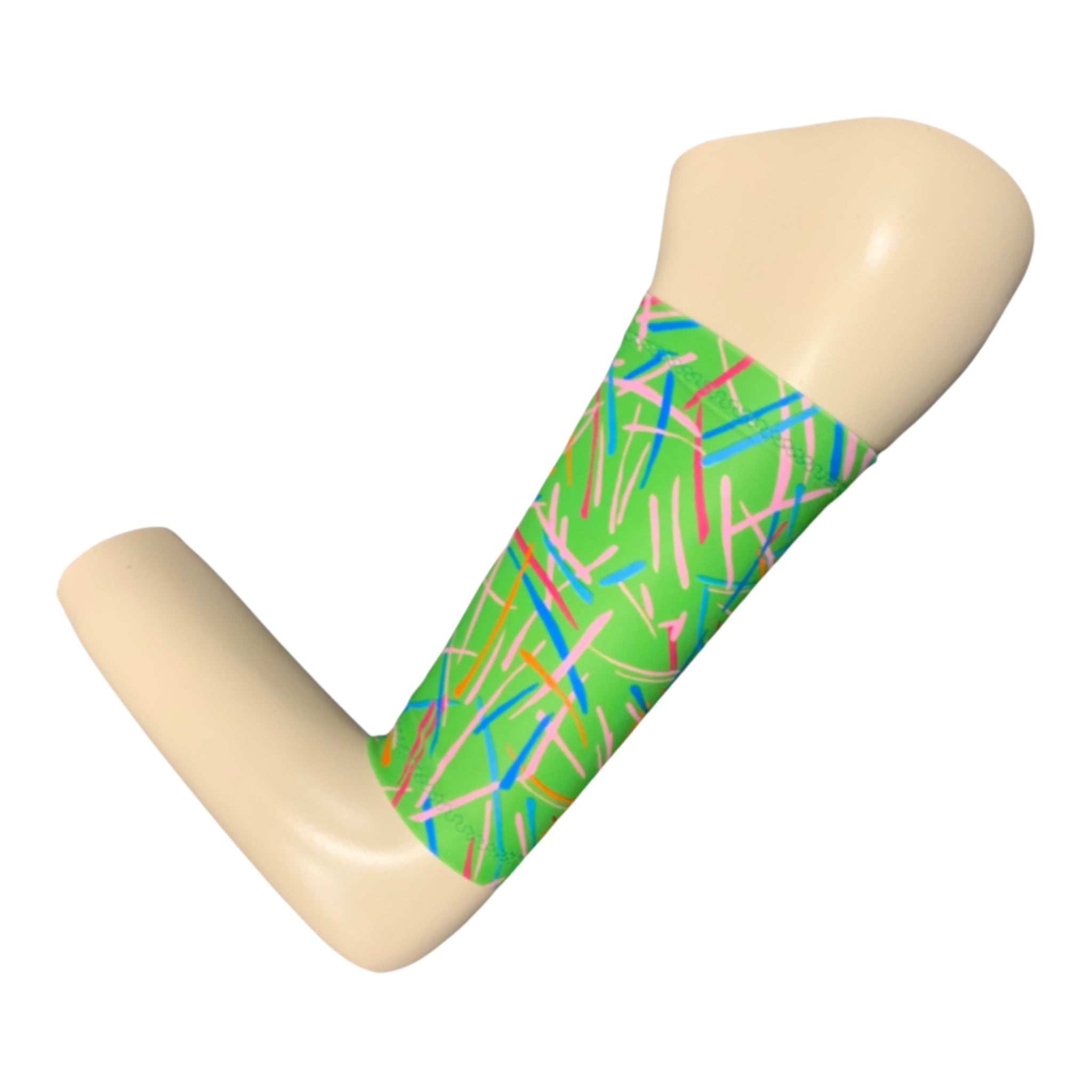 A bright green armband with a abstract print of lines in blue, pink and red. Picc line cover is displayed on a mannequinn arm