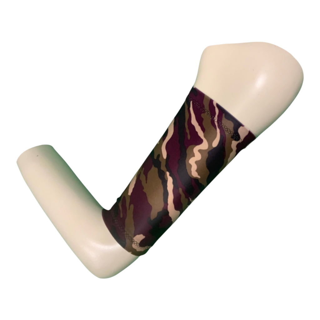 Camouflage-patterned picc line cover arm sleeve on a white background