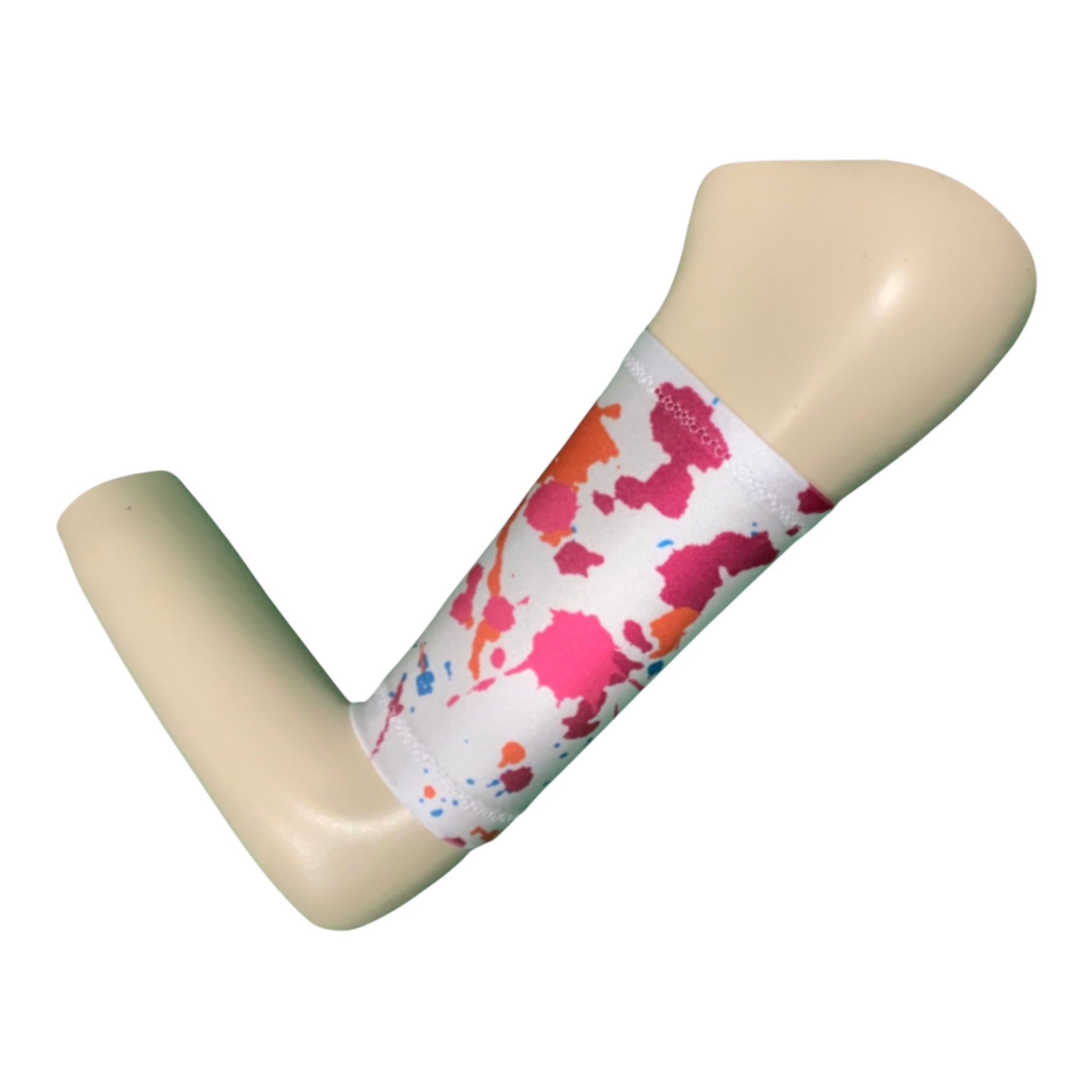 White picc line cover with multi colour paint splat print displayed on a mannequinn arm
