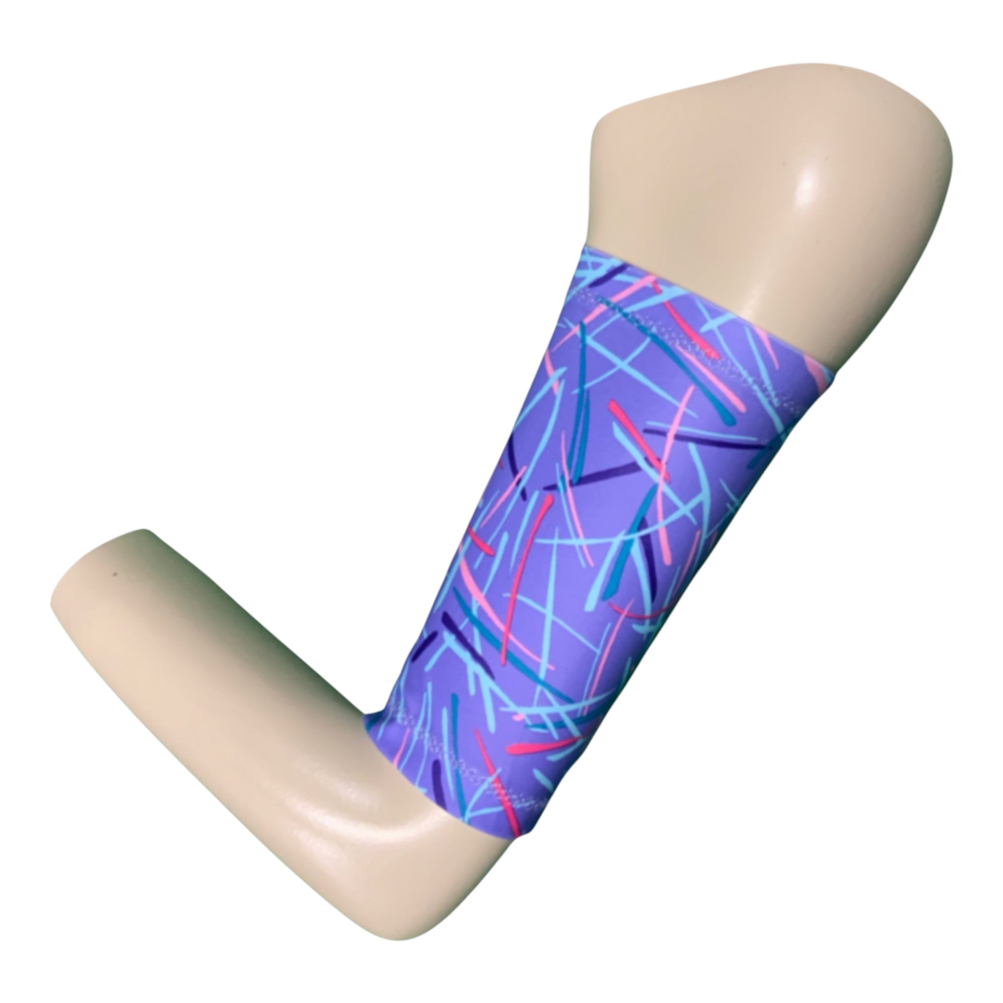 Purple arm sleeve with abstract pattern on a mannequin arm against a white background