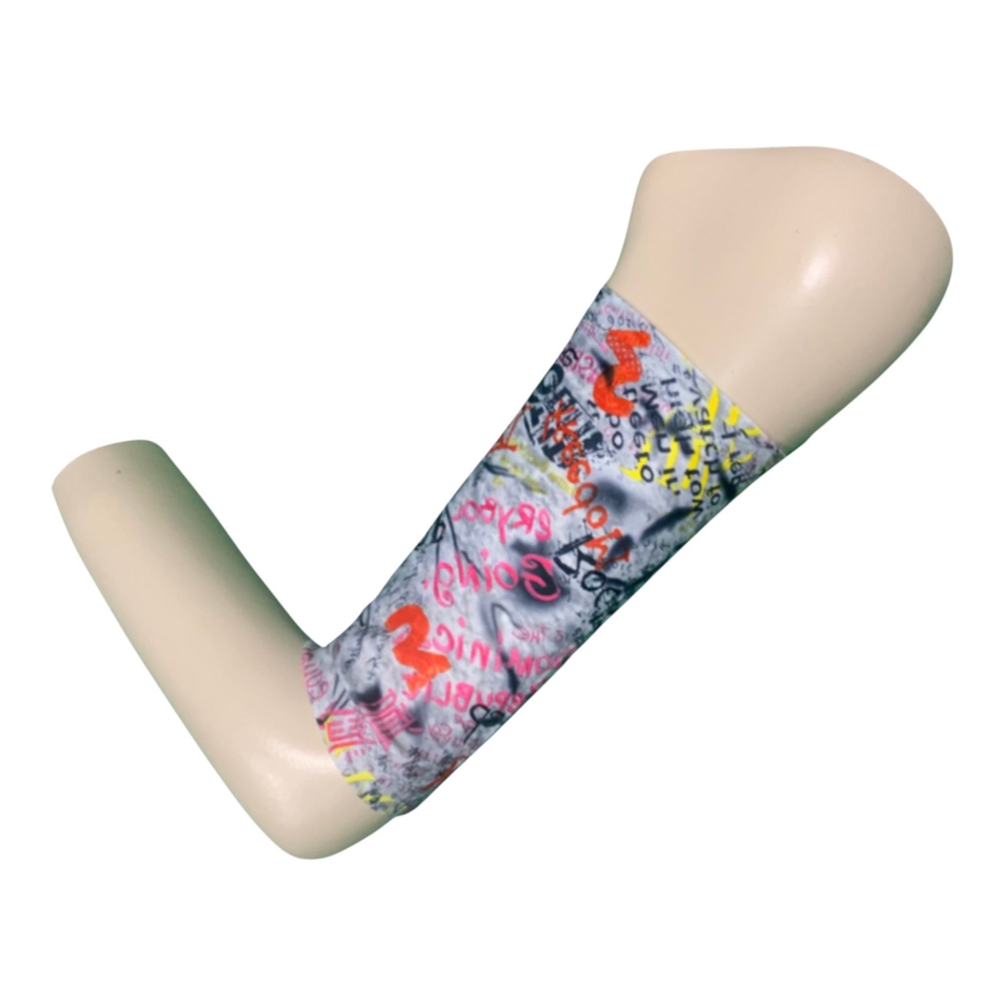 Picc line cover diaplyed on a mannequinn ar. The cover has a grey background and ihasca multicolour grafitti print. Red, yellow, pink and black grafitti words.