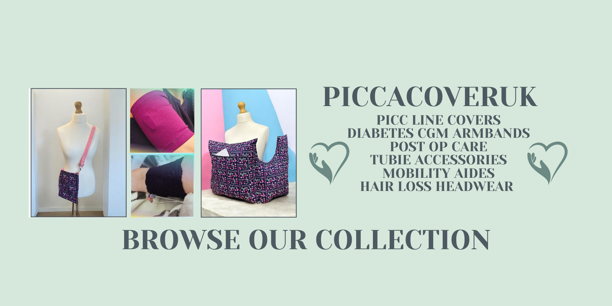 Promotional banner for Piccacoveruk with product images and text on a light green background