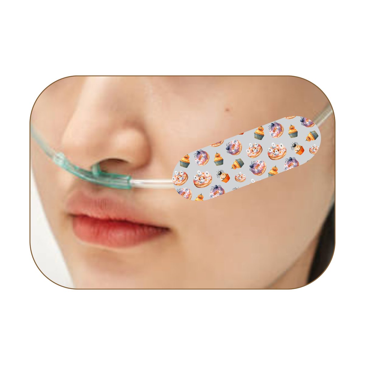 a close up of a face with tubie tape over cannula 